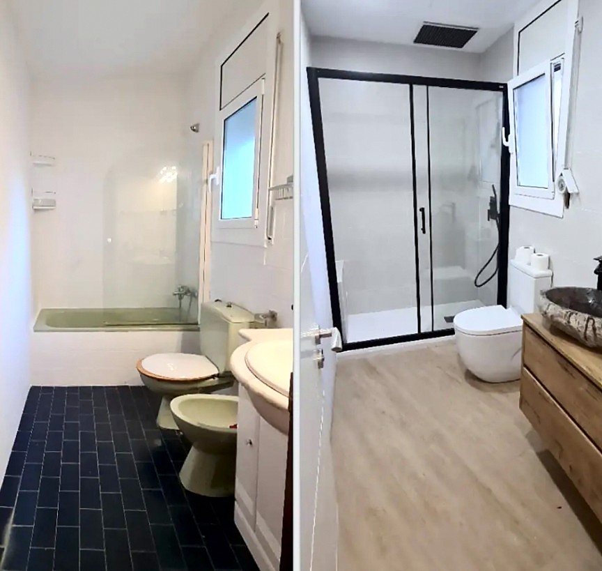 Baño antes y después: de bañera y azulejo verde antiguo a plato de ducha con mampara negra y suelo de tarima.