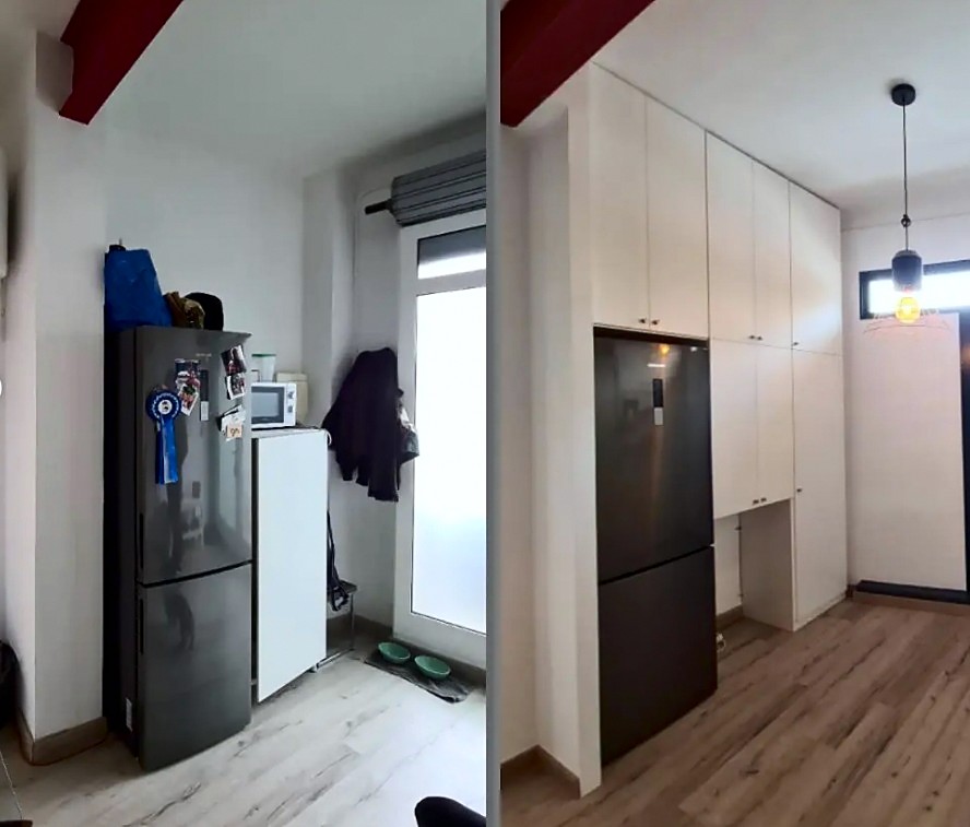 Rincón de electrodomésticos antes y después: de nevera vista y trastero a armario a medida con nevera integrada.